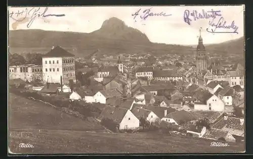 AK Bilin / Bilina, Teilansicht des Ortes mit Kirche