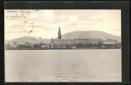 AK Dux / Duchcov, See mit direktem Blick zur Kirche