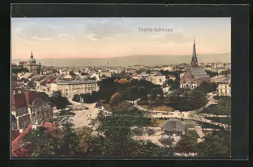 AK Teplitz Schönau / Teplice, Teilansicht des Ortes mit Kirche im Abendlicht