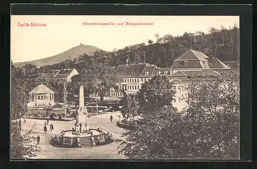 AK Teplitz Schönau / Teplice, Emanationspavillon und Kriegerdenkmal