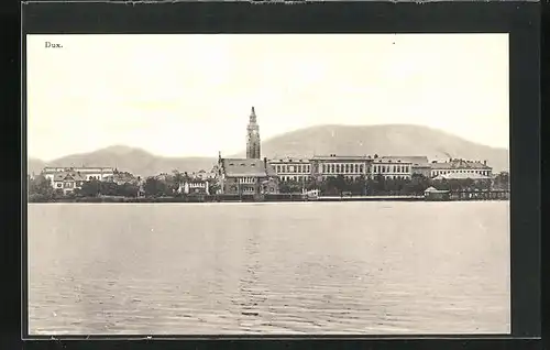 AK Dux / Duchcov, Blick auf Kirche von See aus