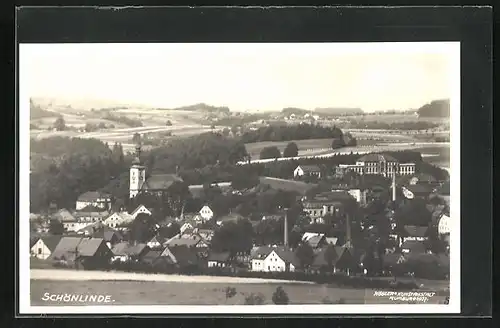 AK Schönlinde / Krasna Lipa, Ortsansicht mit Hügellandschaft