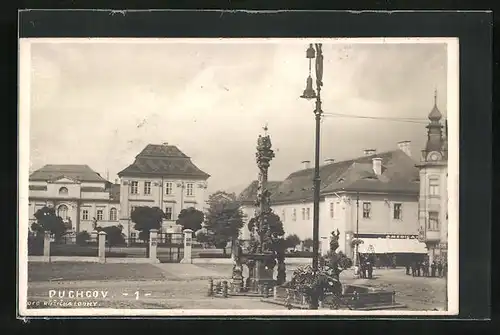 AK Dux / Duchcov, Marktplatz mit Denkmal