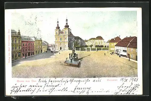 AK Dux / Duchcov, Marktplatz mit Brunnen und Denkmal