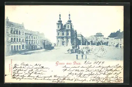 AK Dux / Duchcov, Platz an der Kirche