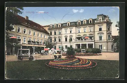 AK Teplitz Schönau / Teplice, Gasthaus Herrenhaus mit Garten