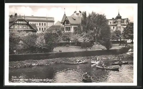 AK Dux / Duchcov, Walter von der Vogelweide-Anlagen, Ruderboote