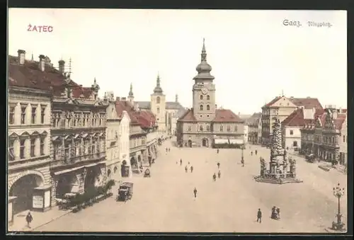 AK Saaz, Ringplatz mit Denkmal