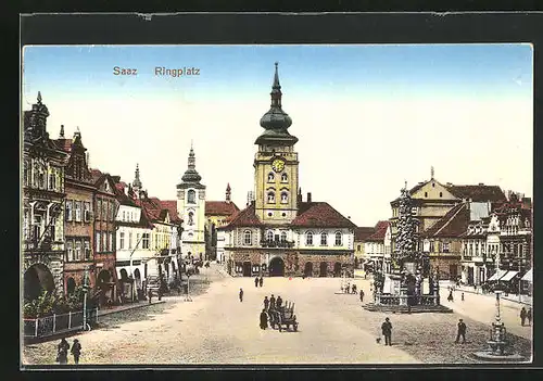 AK Saaz, Ringplatz, Rathaus und Denkmal