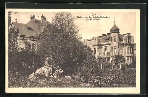 AK Dux / Duchcov, Walther von der Vogelweide-Denkmal mit Villenviertel
