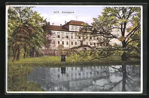 AK Dux / Duchcov, Der Schlosspark mit Teich