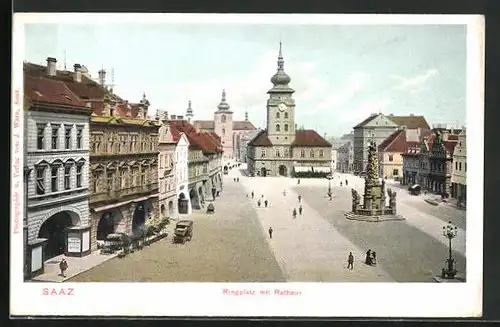 AK Saaz, Ringplatz mit Rathaus