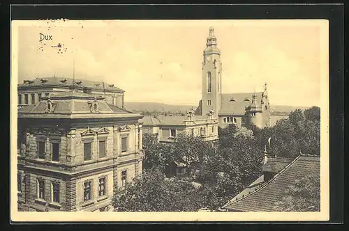 AK Dux / Duchcov, Blick über Dächer zur Kirche