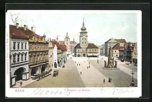 AK Saaz, Ringplatz mit Rathaus