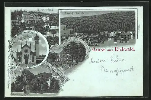 Mondschein-Lithographie Eichwald, Tupelburg, Neue Kirche, Theresienbad