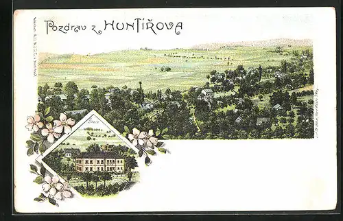 Lithographie Huntirov, Schulhaus & Panorama