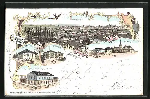 Lithographie Georgswalde, Panorama, Marktplatz, Gasthof zum Stadtgericht