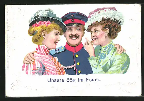 AK Regiment 56er, Soldat in Uniform mit zwei Frauen