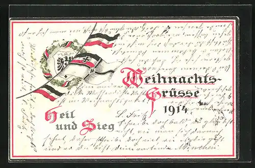 AK Weihnachtsgrüsse 1914, Kriegsweihnachten, Reichskriegs- und Deutsche Fahne wehen beisammen