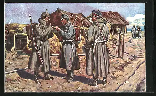 Künstler-AK Drei Waffenbrüder in einem serbischen Dorf, Zweibund, Pfeifenraucher