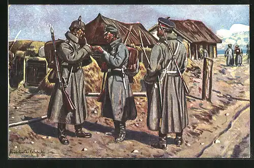 Künstler-AK Drei Waffenbrüder in einem serbischen Dorf, Zweibund