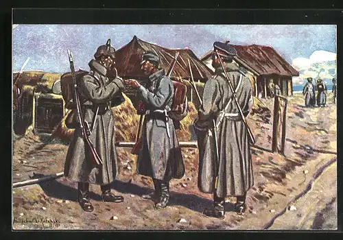Künstler-AK Drei Waffenbrüder in einem serbischen Dorf, Zweibund
