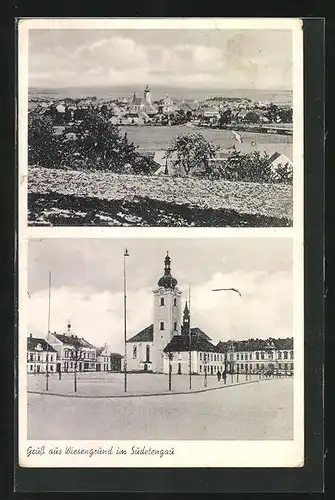 AK Wiesengrund /Sudetengau, Hauptplatz mit Rathaus und Kirche