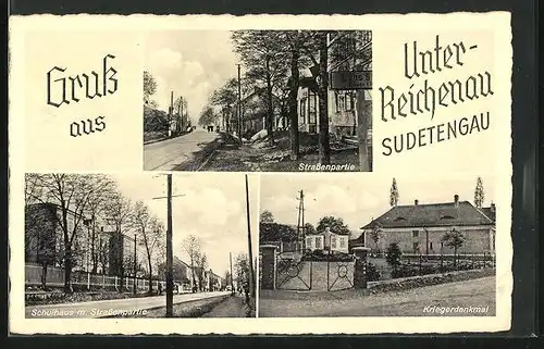 AK Unter-Reichenau, Strassenpartie mit Schulhaus, am Kriegerdenkmal