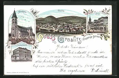 Lithographie Graslitz /Erzgeb., Amtsgebäude, Schule, neue Kirche