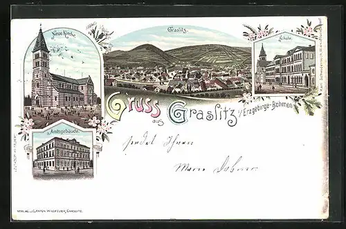Lithographie Graslitz /Erzgeb., Amtsgebäude, Schule, neue Kirche, Ortsansicht