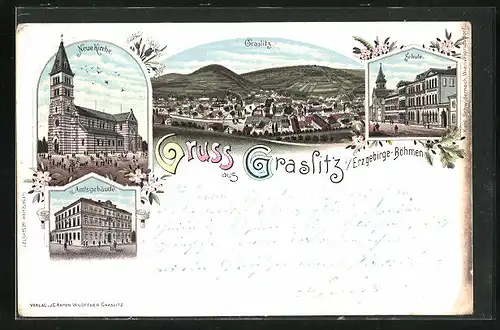 Lithographie Graslitz /Erzgeb., Amtsgebäude, Neue Kirche, Schule