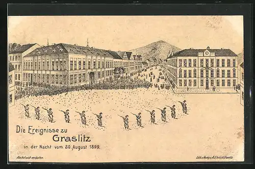 Lithographie Graslitz /Erzgeb., Ereignisse der Nacht vom 20. August 1899