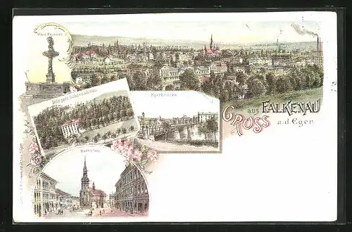 Lithographie Falkenau a. d. Eger, Egerbrücke, Marktplatz, Bürgerliches Schiesshaus