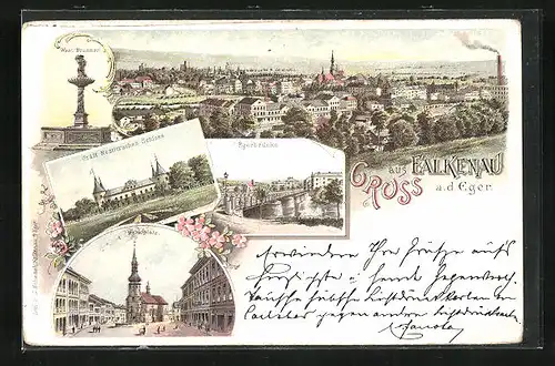 Lithographie Falkenau a. d. Eger, Egerbrücke, Marktplatz, Wastl-Brunnen, Totalansicht