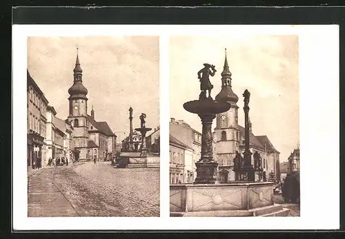 AK Falknov n. O., Strassenpartie mit Kirche, Brunnen