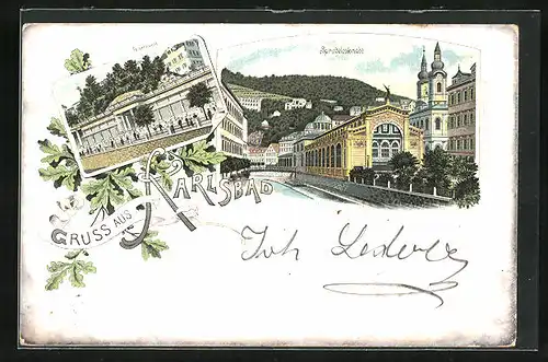 Lithographie Karlsbad, Felsenquelle, Sprudelcolonade