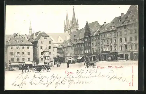 AK Eger, Unterer Marktplatz mit Geschäft v. Wilhelm Müller