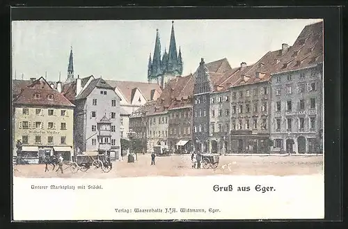 AK Eger, Unterer Marktplatz mit Stöckl und Apotheke