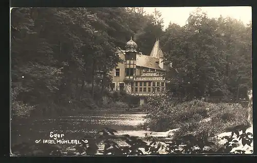 AK Eger, Insel Mühlerl, Blick auf Cafe