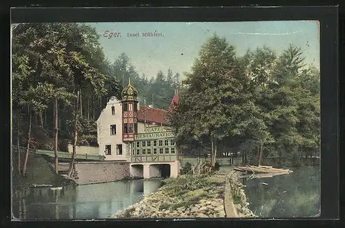 AK Eger, Insel Mühlerl mit Cafe