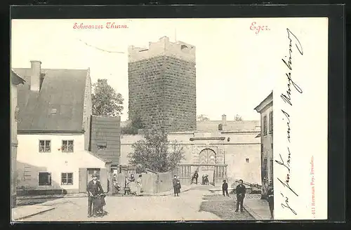 AK Eger, Strassenpartie mit schwarzem Turm