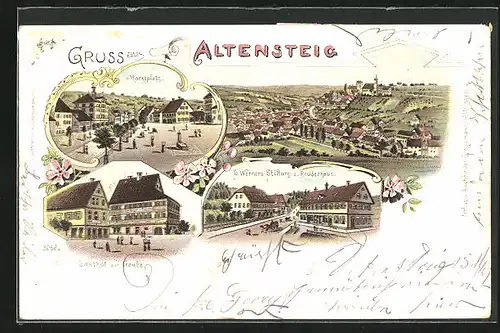 Lithographie Altensteig, Gasthof zur Traube, G. Werners Stiftung zum Bruderhaus, Marktplatz