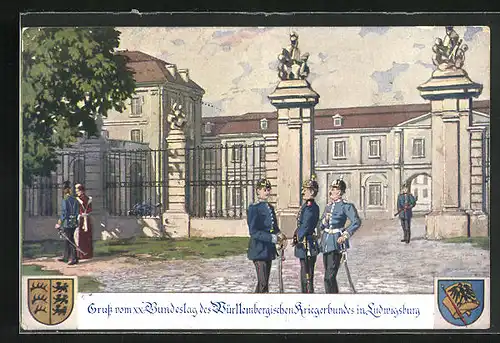 Künstler-AK Ludwigsburg, XX. Bundestag des Württembergischen Kriegerbundes, Gebäudeanicht mit Soldaten, Wappen