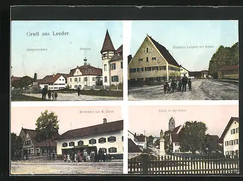 AK Leeder, Gasthaus Luitpold mit Garten, Warenhandlung von M. Zündt, Rathaus und Kriegerdenkmal