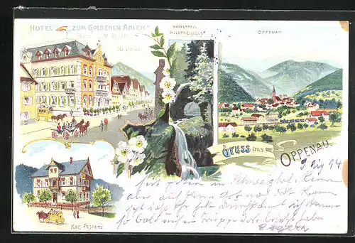 Lithographie Oppenau, Hotel Zum goldenen Adler, Kaiserliches Postamt, Wasserfall Allerheiligen
