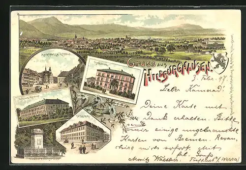 Lithographie Hildburghausen, Schloss Kaserne, Technikum, Gymnasium