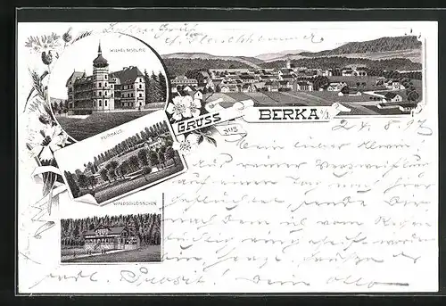 Lithographie Bad Berka, Gasthaus Waldschlösschen, Kurhaus, Wilhelmsburg