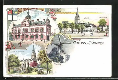 Lithographie Kempen, Kaiserliches Postamt, Windmühle, Altes Rathaus