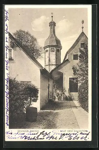 AK Schwäb. Gmünd, Strasse auf dem Salvator mit Kirche