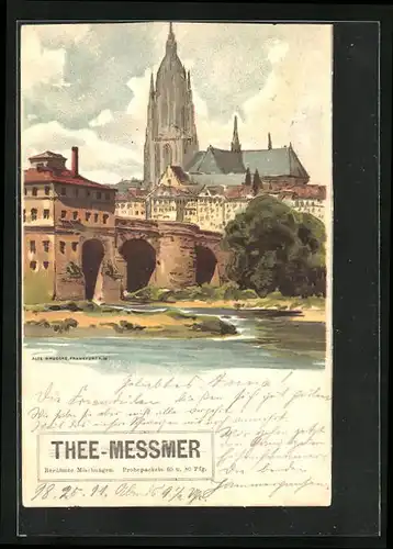 Künstler-AK Frankfurt a. M., Alte Brücke, Reklame für Messmer-Tee